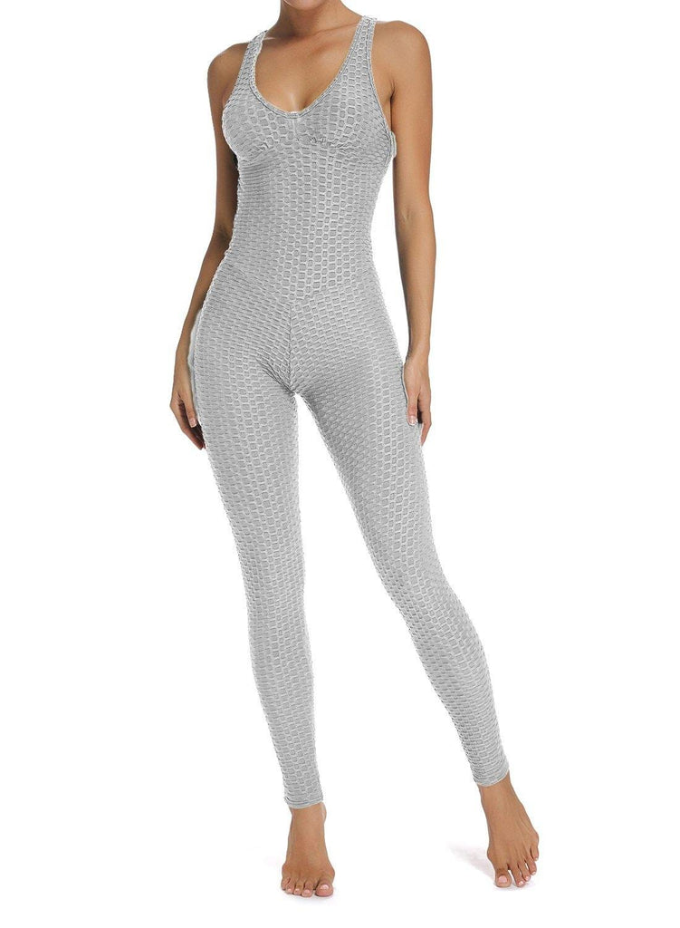 Solid Color Backless Textured Yoga Jumpsuits - SEASUM