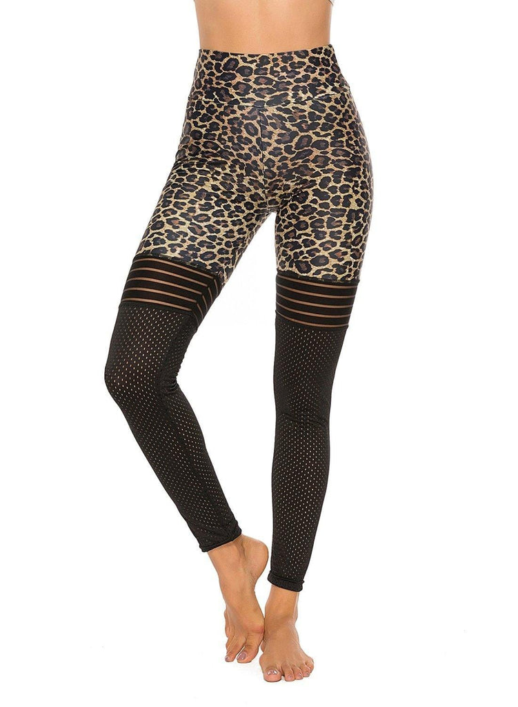 Women's Leopard Print Mesh Split Joint Ruched Yoga Pants - SEASUM