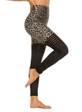 Women's Leopard Print Mesh Split Joint Ruched Yoga Pants - SEASUM