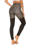 Women's Leopard Print Mesh Split Joint Ruched Yoga Pants - SEASUM