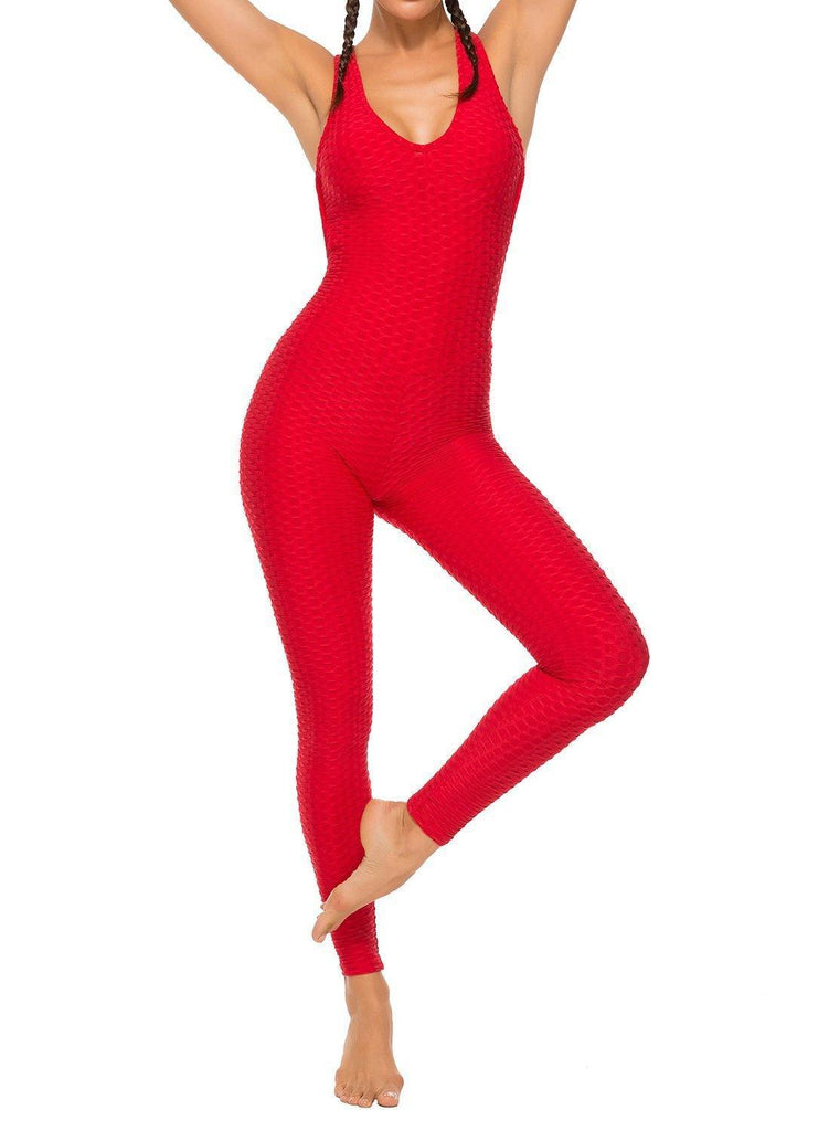 Women's Solid Color Backless Textured Yoga Jumpsuits Blue - SEASUM