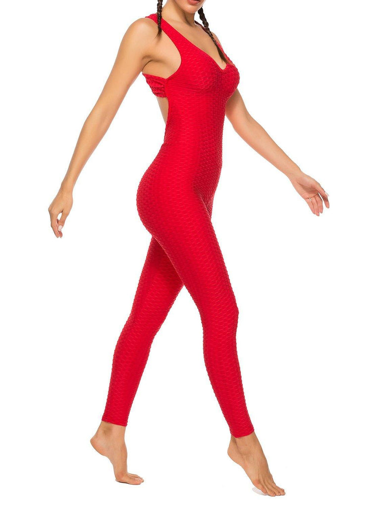 Solid Color Backless Textured Yoga Jumpsuits - SEASUM