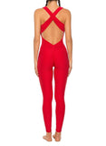 Solid Color Backless Textured Yoga Jumpsuits - SEASUM