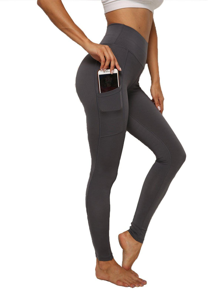 SEASUM-Solid Color Ruched High Waist Pockets Fitness Leggings