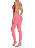 Solid Color Backless Textured Yoga Jumpsuits - SEASUM