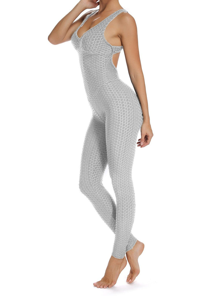 Solid Color Backless Textured Workout Yoga Jumpsuits - SeasumFits