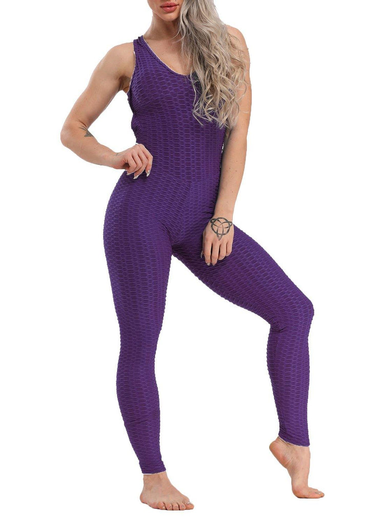 Solid Color Backless Textured Yoga Jumpsuits - SEASUM