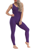 Solid Color Backless Textured Yoga Jumpsuits - SEASUM