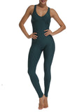Solid Color Backless Textured Workout Yoga Jumpsuits - SeasumFits