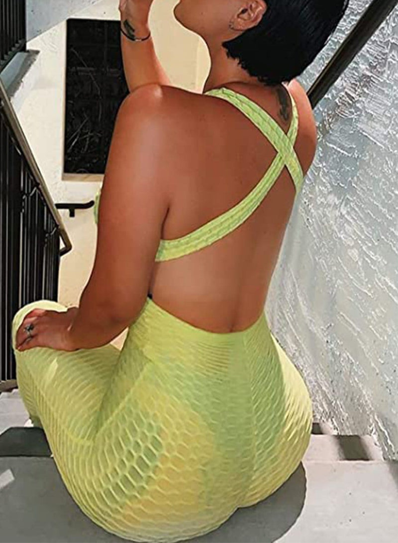 Women's Backless Solid Color Textured Yoga Jumpsuits - SeasumFits
