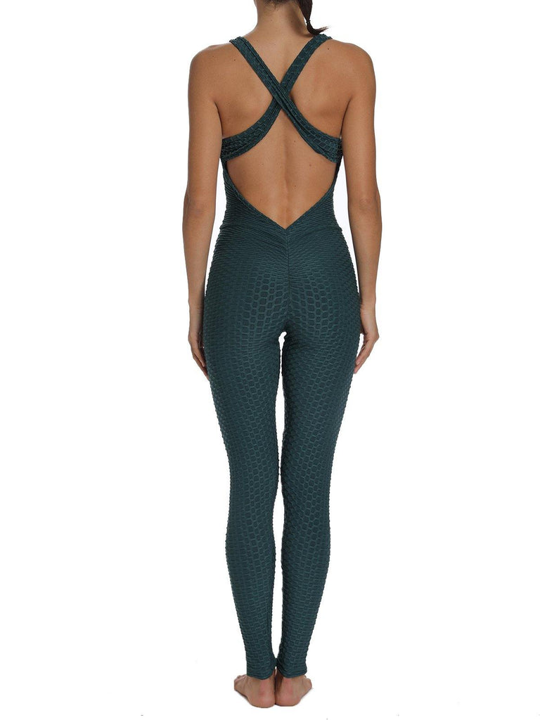 Solid Color Backless Textured Yoga Jumpsuits - SEASUM