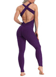 Solid Color Backless Textured Yoga Jumpsuits - SEASUM