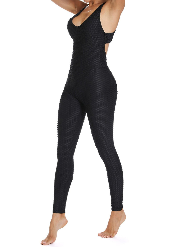 Solid Color Backless Textured Workout Yoga Jumpsuits - SeasumFits