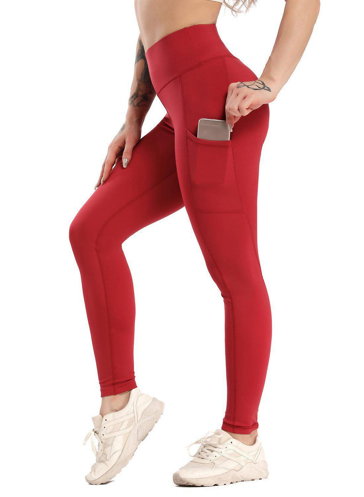 SEASUM-Solid Color Ruched High Waist Pockets Fitness Leggings