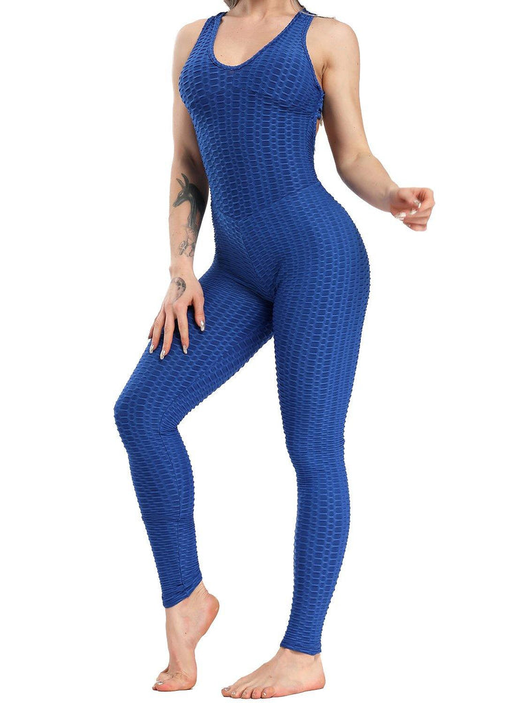 Women's Solid Color Backless Textured Yoga Jumpsuits Blue - SEASUM