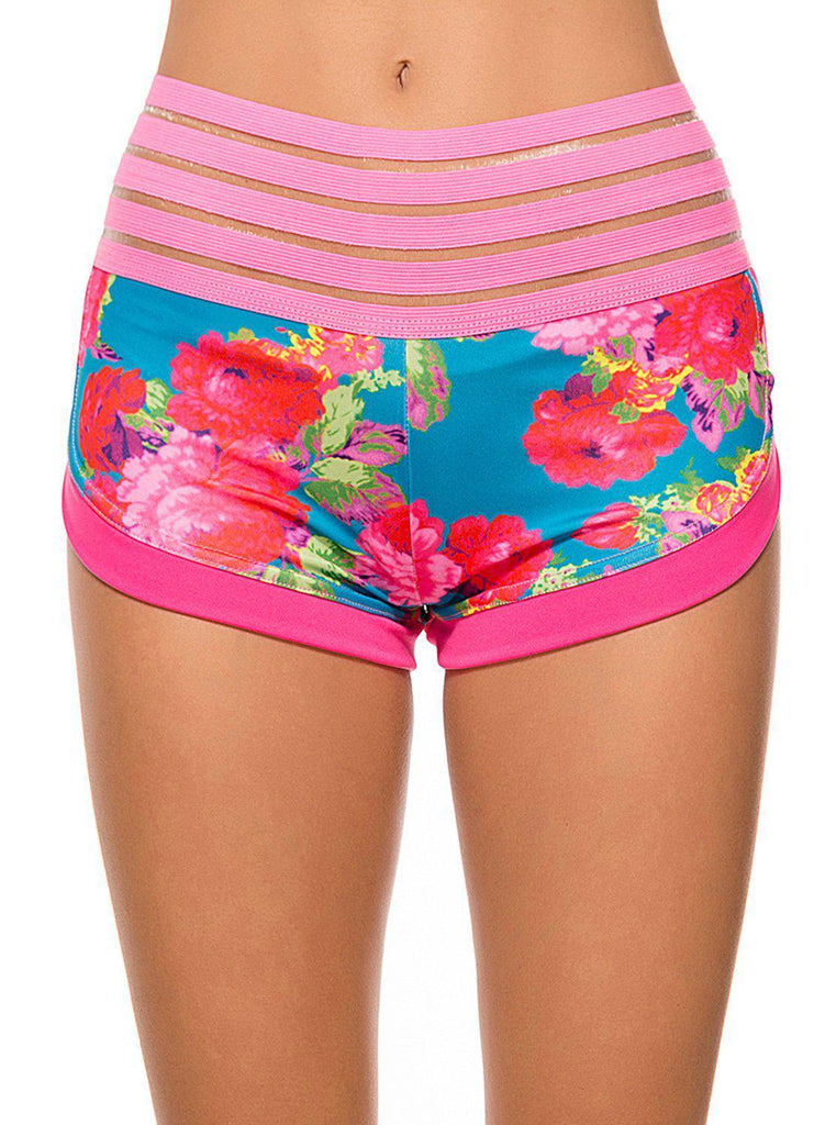 Floral Print Ruched Pockets Hollow Women Yoga Shorts - SeasumFits