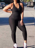 Solid Color Backless Textured Workout Yoga Jumpsuits - SeasumFits