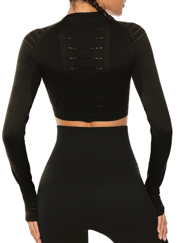 Long Sleeve Seamless Hollow Fitness Crop Top - SEASUM
