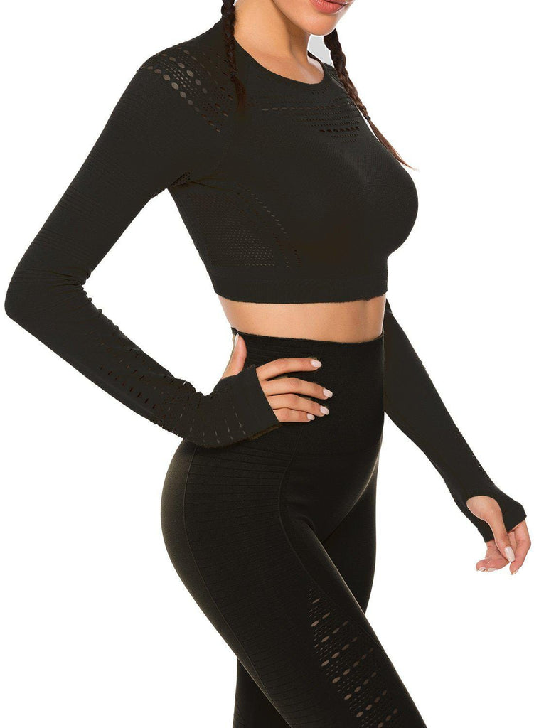 Seamless Hollow Long Sleeve Women Crop Top - SeasumFits