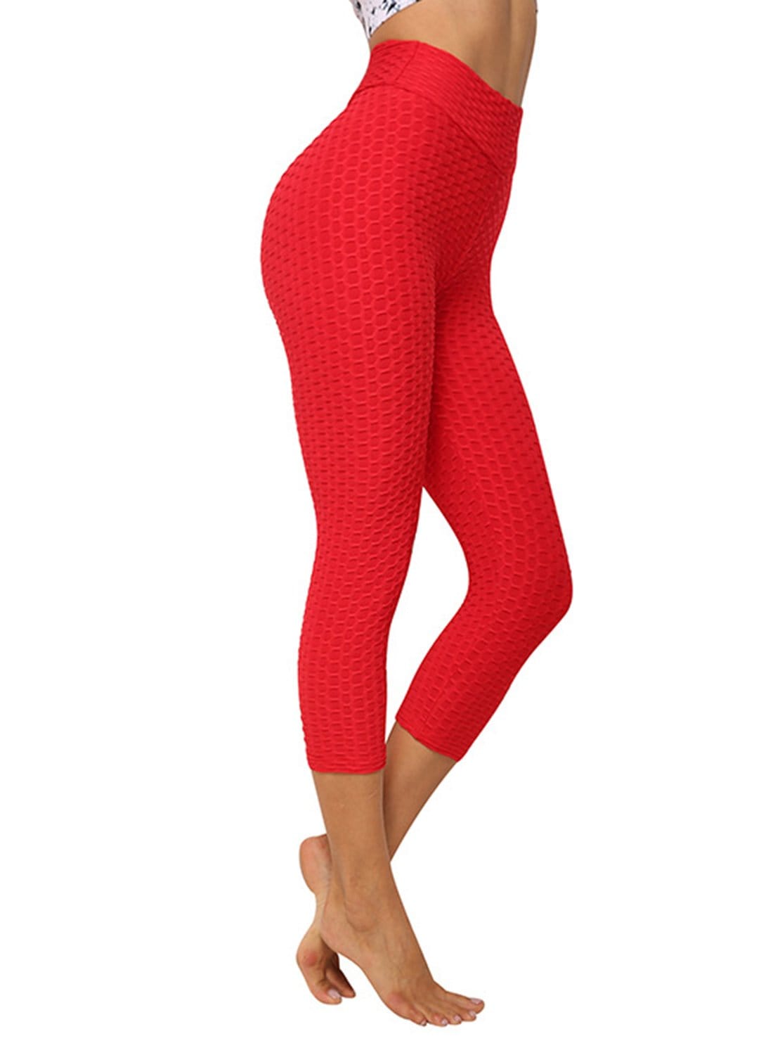 PULLIMORE Womens High Waist Leggings Textured Butt Lifting Shaping Capri  Workout Yoga Fitness Slimming Pants (S, Red) 