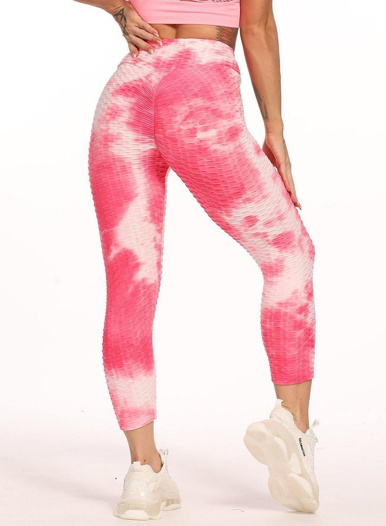 Stretchy Textured Tie-dyed Ruched Sports Cropped Leggings - SEASUM