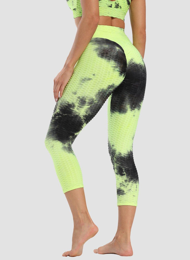 Super Stretchy Textured Tie-dyed Ruched Capris Leggings - SEASUM