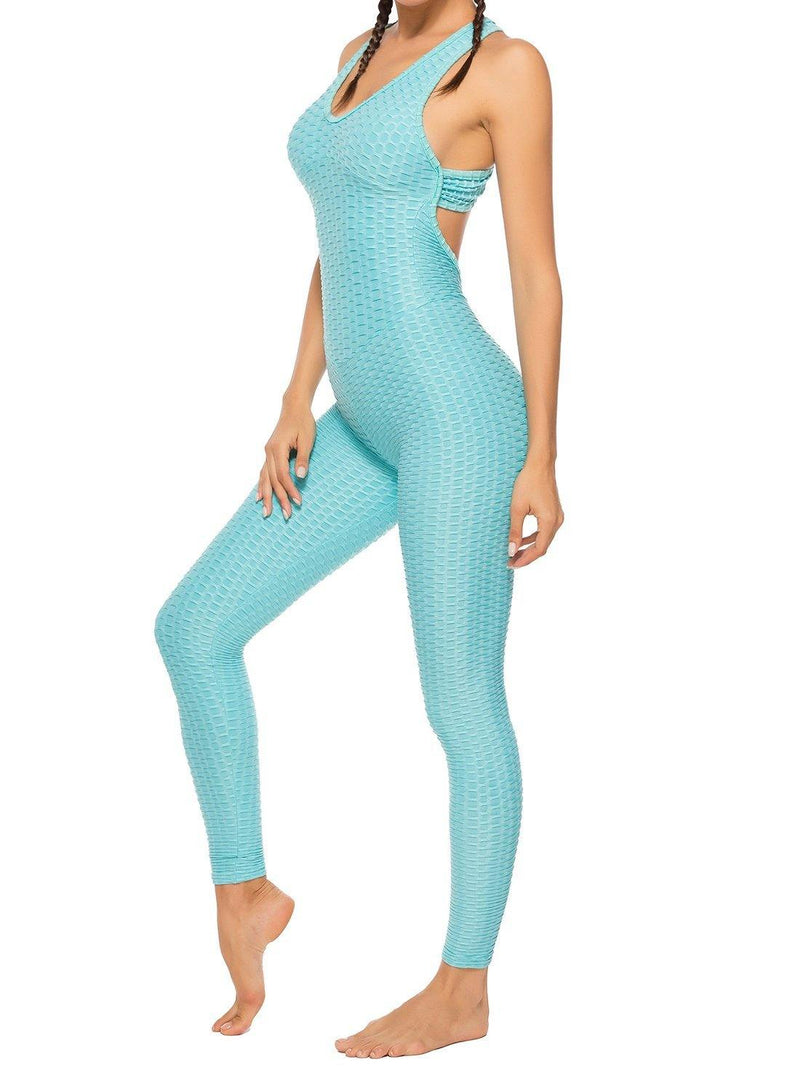 Women's Solid Color Backless Textured Yoga Jumpsuits Blue - SEASUM