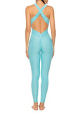 Women's Solid Color Backless Textured Yoga Jumpsuits Blue - SEASUM
