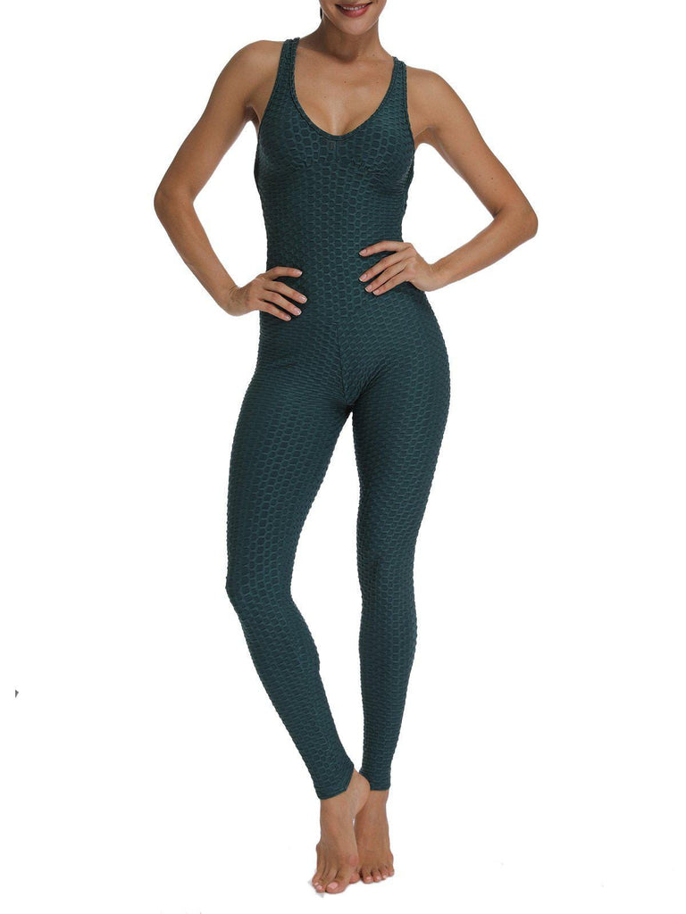 Textured Solid Color Backless Yoga Jumpsuits - SeasumFits