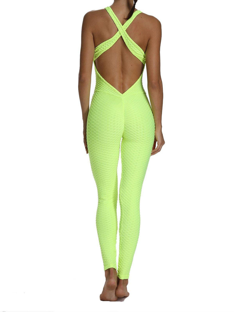 Solid Color Backless Textured Yoga Jumpsuits - SEASUM