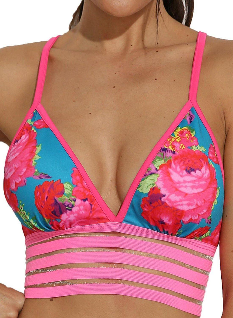 Floral Hollow Adjustable Straps Detachable Chest Pads Yoga Bra - SEASUM