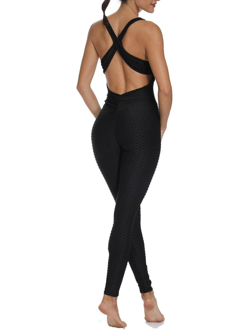 Solid Color Backless Textured Yoga Jumpsuits - SEASUM