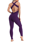 Solid Color Backless Textured Workout Yoga Jumpsuits - SeasumFits