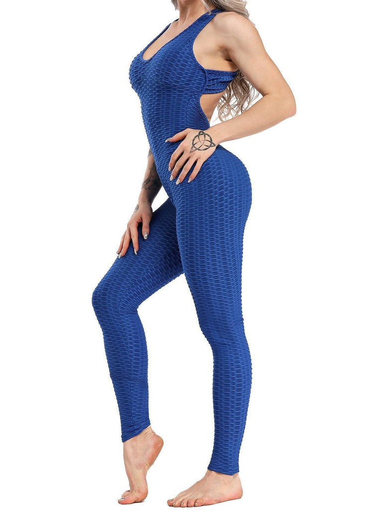 Women's Solid Color Backless Textured Yoga Jumpsuits Blue - SEASUM