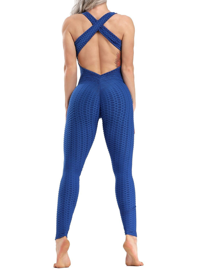 Textured Solid Color Backless Workout Yoga Jumpsuits - SeasumFits