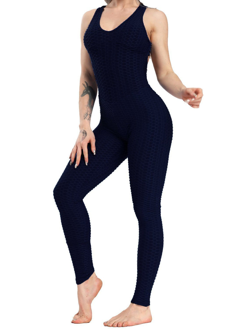 Solid Color Backless Textured Workout Yoga Jumpsuits - SeasumFits