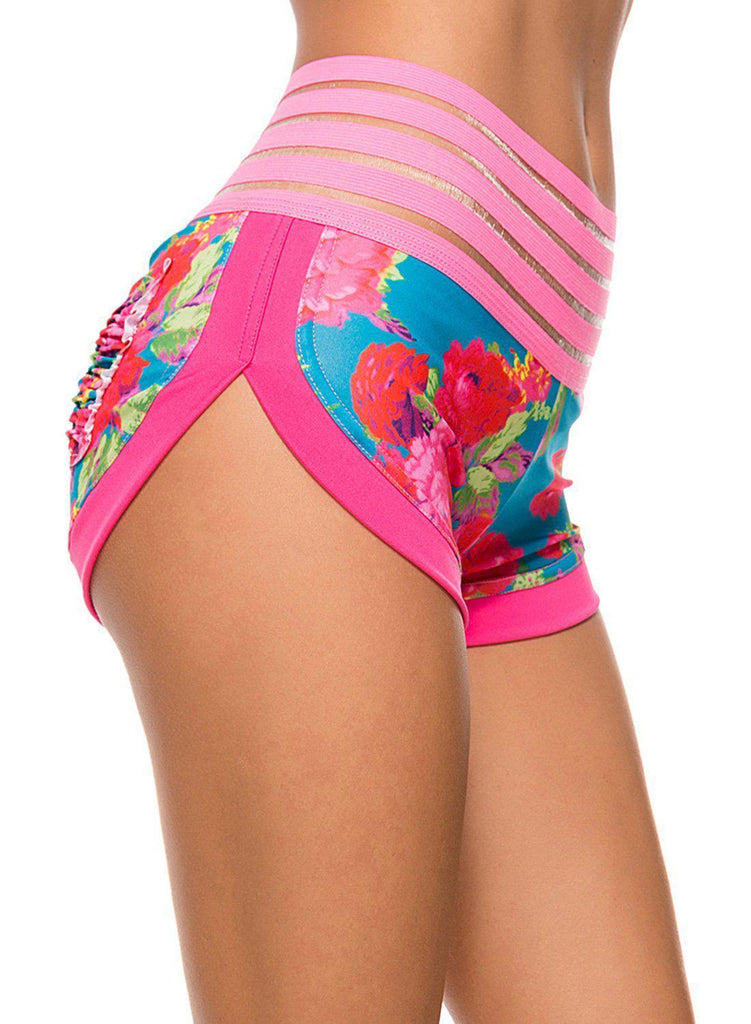 Floral Print Ruched Pockets Hollow Women Yoga Shorts - SeasumFits