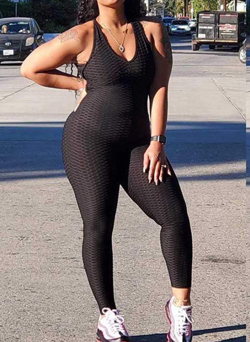 Solid Color Backless Textured Yoga Jumpsuits - SEASUM