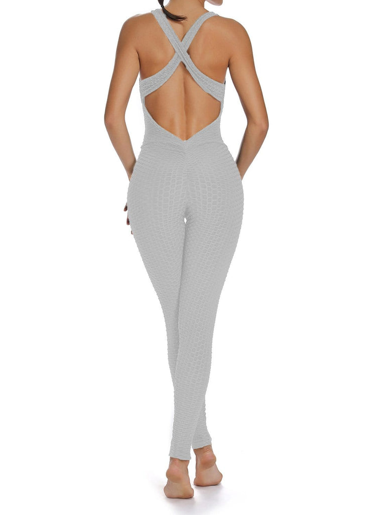 Solid Color Backless Textured Workout Yoga Jumpsuits - SeasumFits